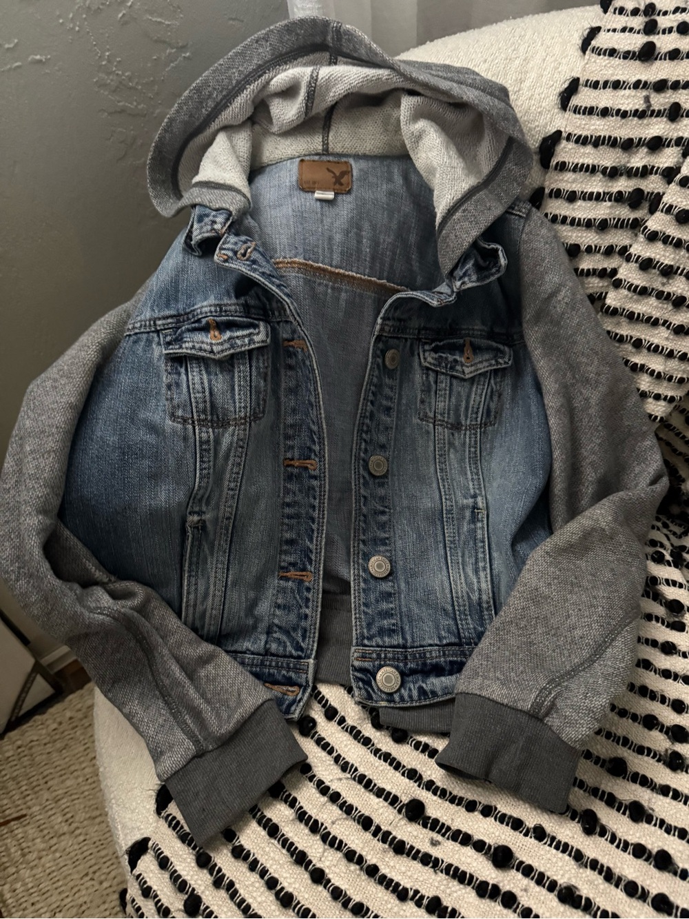 American Eagle Outfitters Blue Denim Jacket with Gray Hood & Sleeves